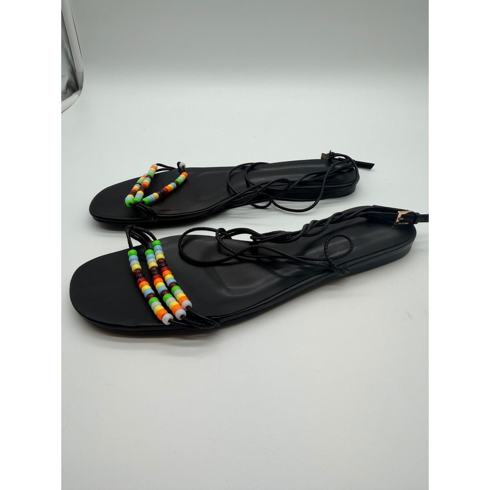 Women Black Beaded Lace Up Gladiator Sandals Flat Boho Shoes 8